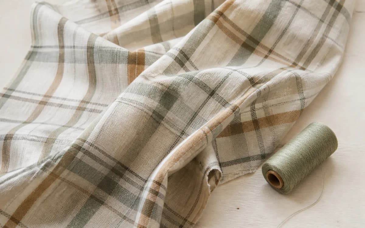 Editorial still life of checked shirt fabric, representing men's shirts & shirting sourcing in Ahmedabad, Gujarat