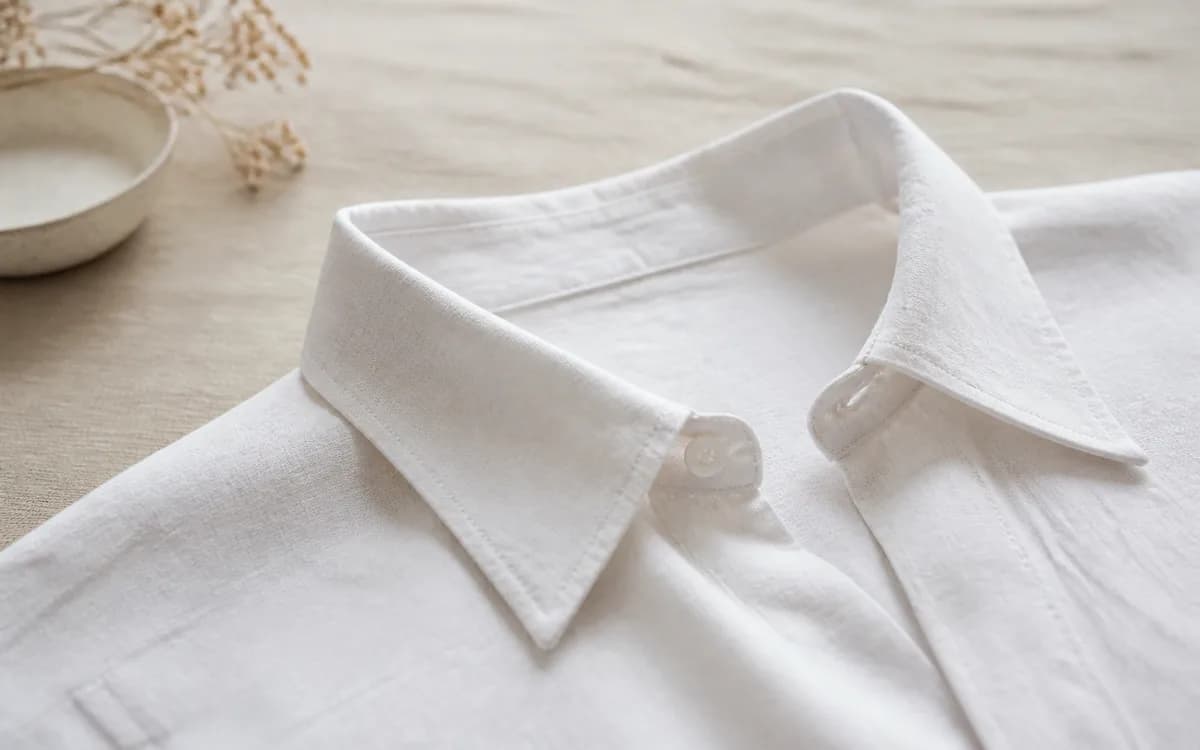 Editorial still life of a cotton shirt collar, representing men's shirts & shirting sourcing in Ahmedabad, Gujarat
