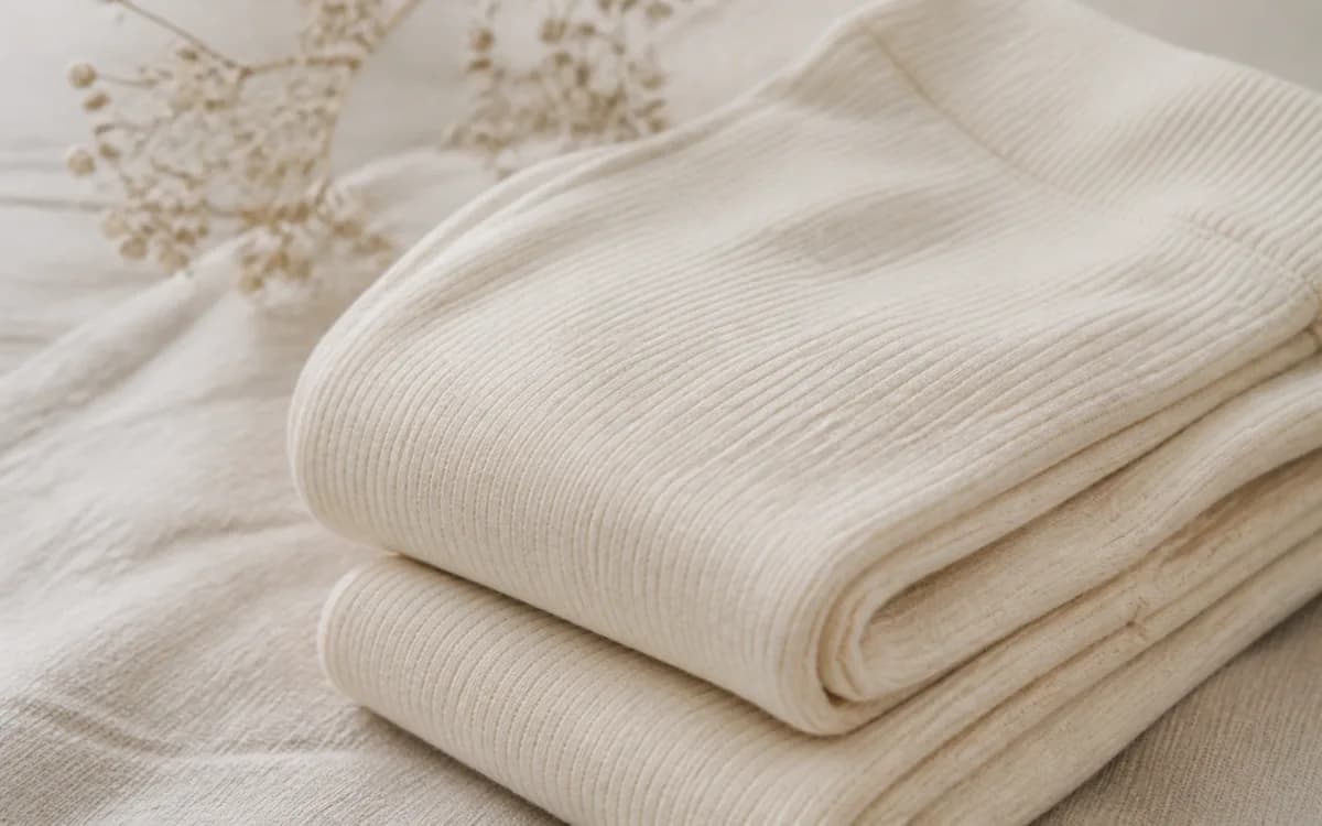 Editorial still life of folded garments, representing readymade garments sourcing in Tirupur, Tamil Nadu