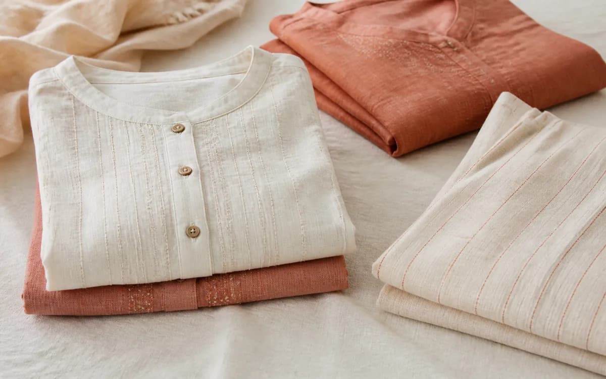 Editorial still life of blue readymade garments, representing readymade garments sourcing in Tirupur, Tamil Nadu