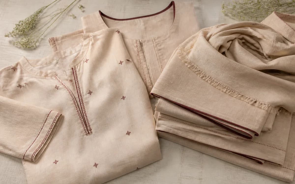 Editorial still life of natural ready-to-wear pieces, representing readymade garments sourcing in Tiruchirappalli, Tamil Nadu