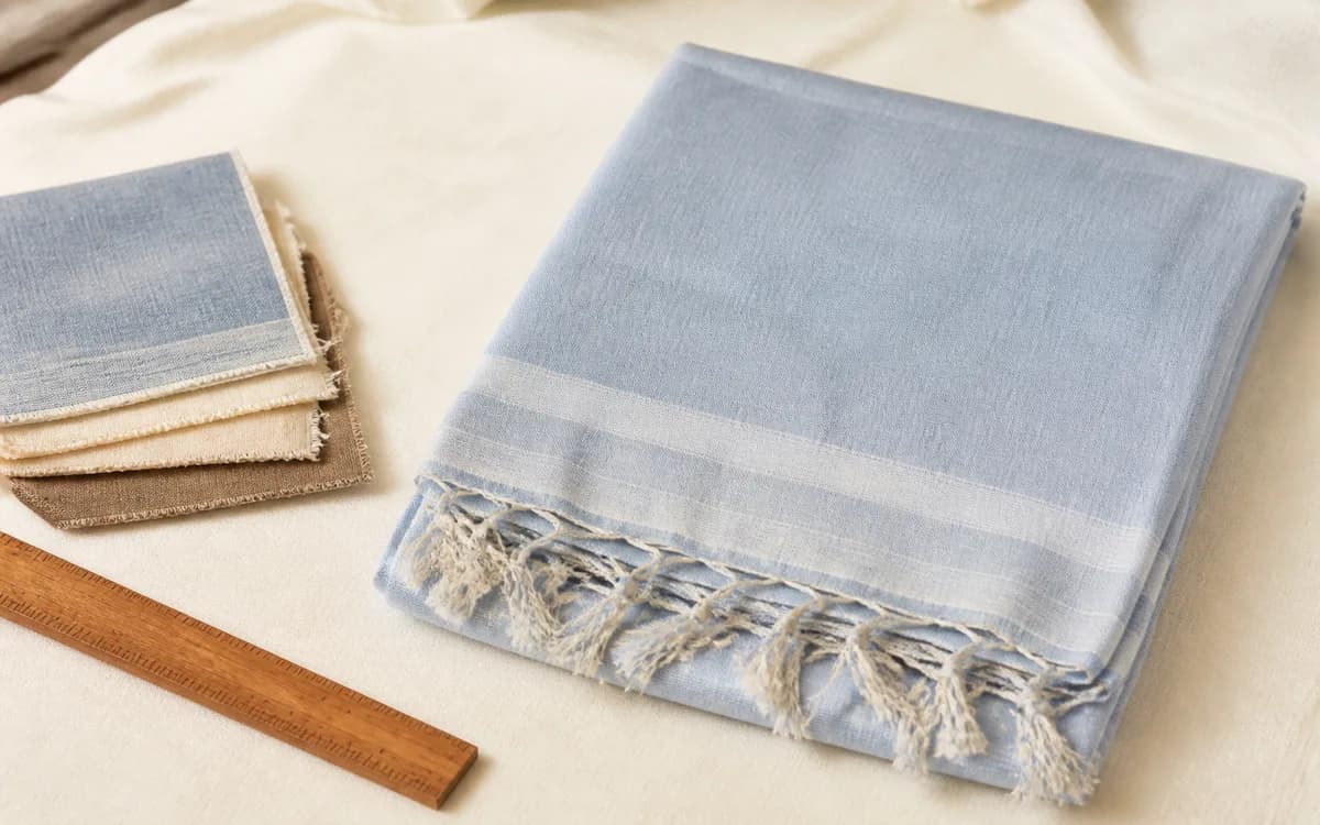 Editorial still life of a powder-blue cotton saree with fabric swatches, representing sarees sourcing in Surat, Gujarat