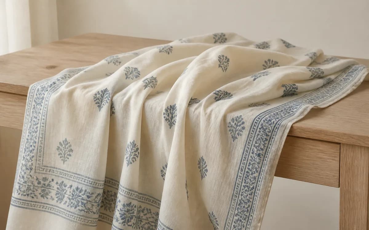 Editorial still life of an ivory saree with a delicate indigo block-print motif, representing sarees sourcing in Varanasi, Uttar Pradesh