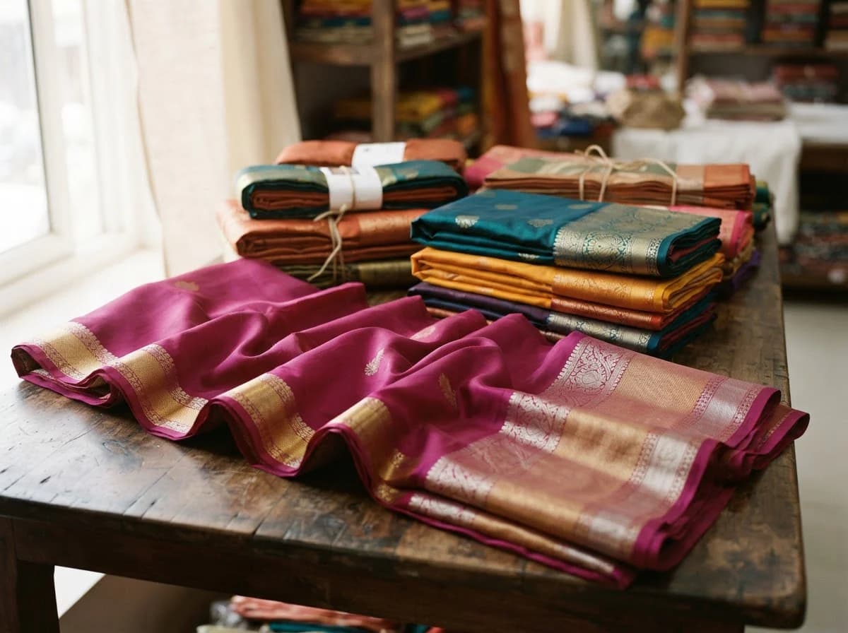 Editorial textile still life representing Synthetic fabrics, sarees & dress material in Surat