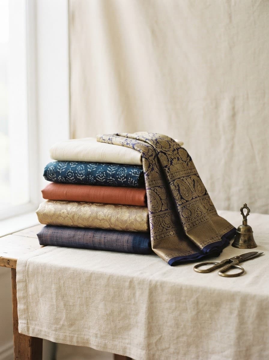 Stacked handwoven Indian fabrics — banarasi silk, block-print cotton and handloom